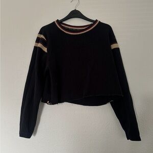 Erika Sport Vintage Black Ribbed Crop Sweatshirt with Cream & Burgundy Trim